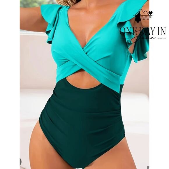 B2Prity Cross Front Cut Out Ruffle Shoulder One Piece Swimsuit Size M - Picture 1 of 6